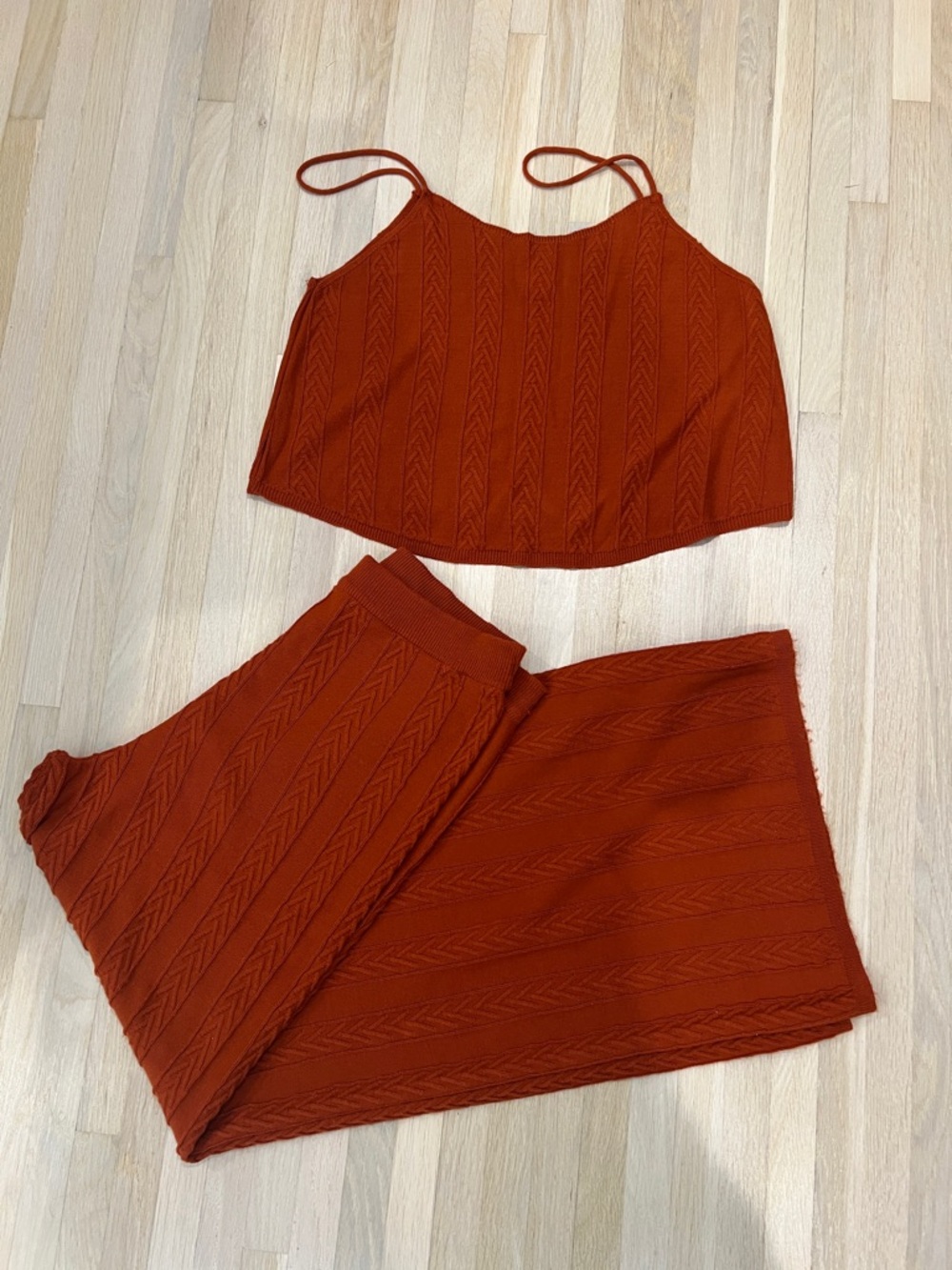 By Anthropologie Rust Cable-Knit Crop Top + Matching Pants Set